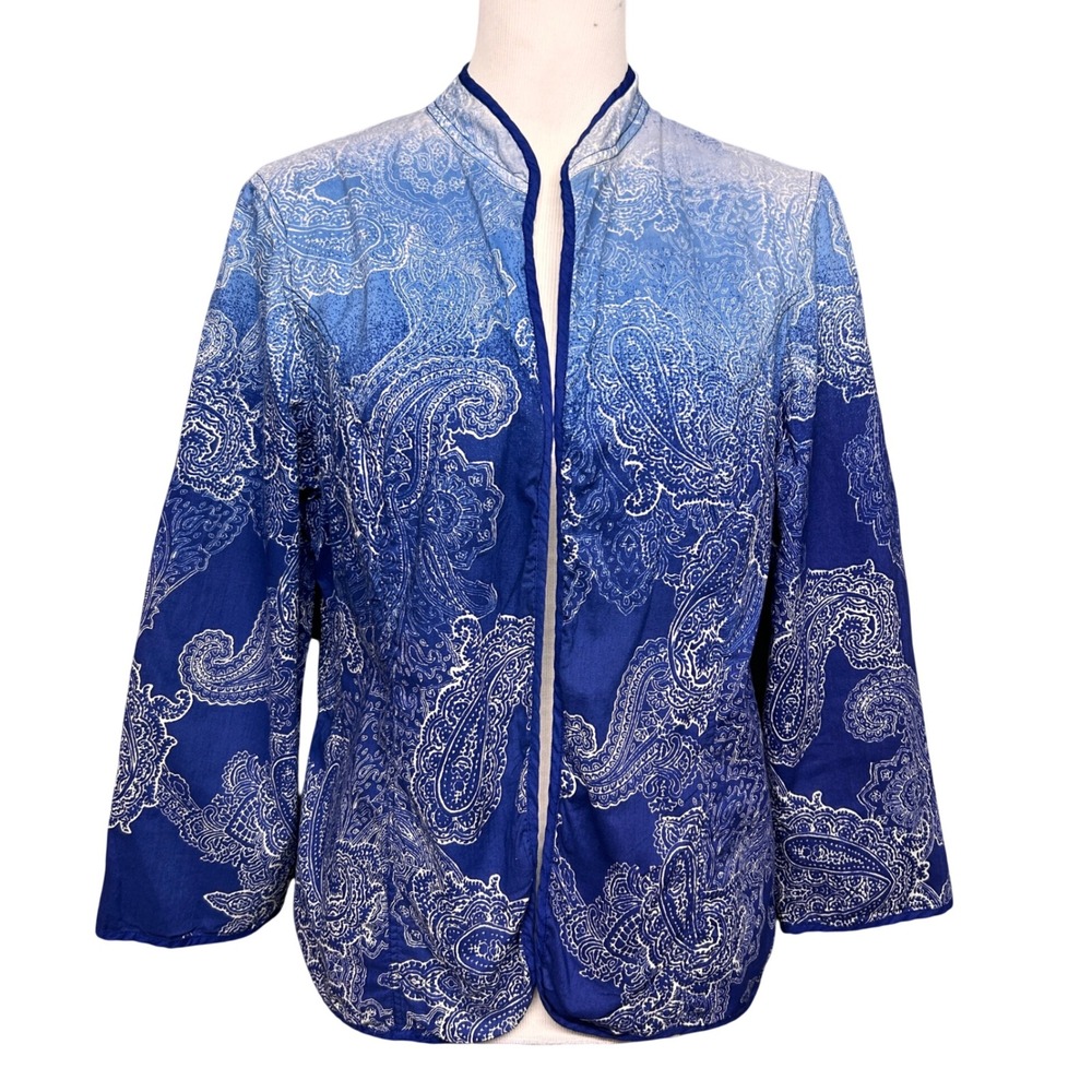 Chico's Paisley Open Front Jacket Women Sz 2 US L Blue Cotton Ombre Coastal Boho